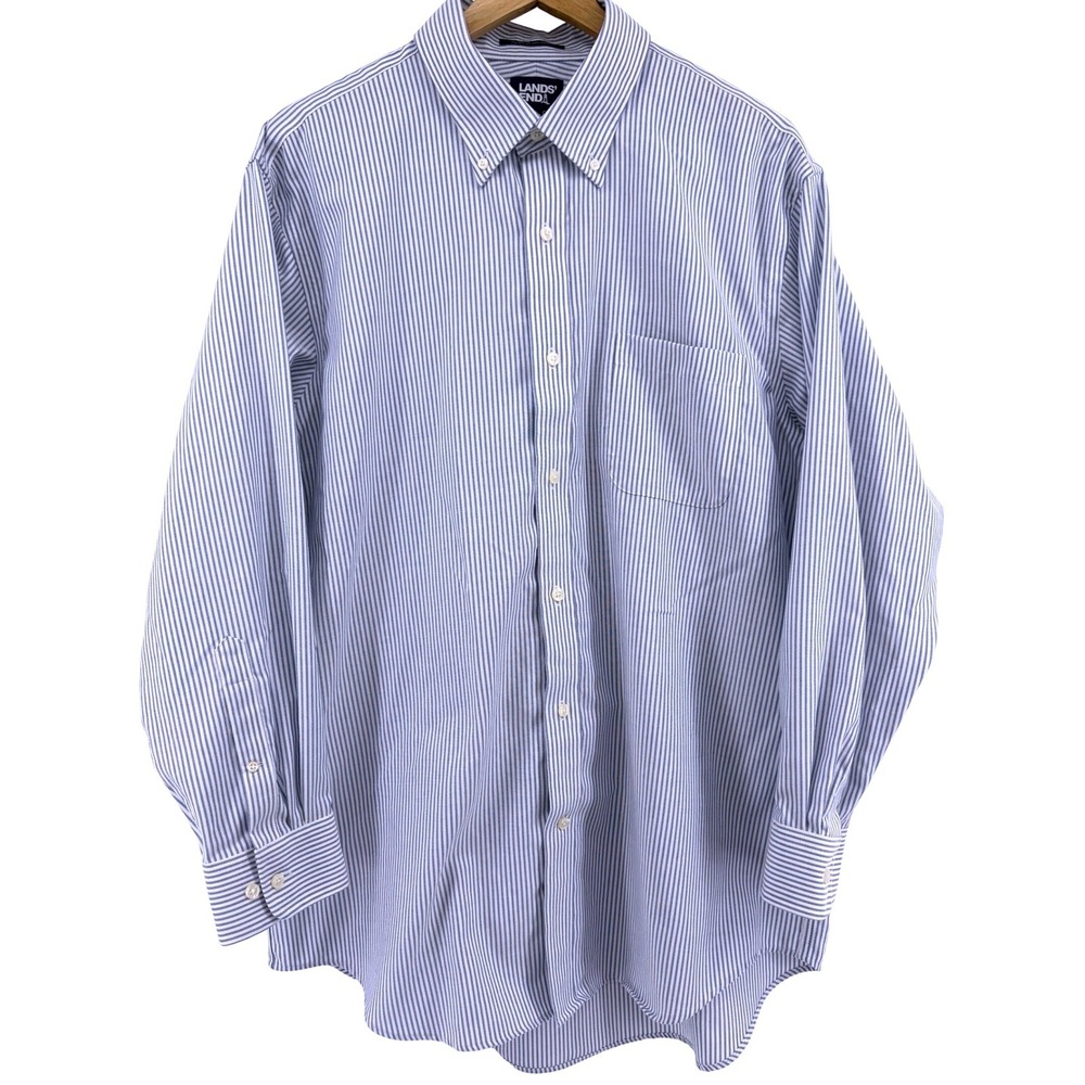 Lands End Mens Supima No Iron Oxford Shirt Blue White Stripe 17-33‎ Traditional - Picture 3 of 10
